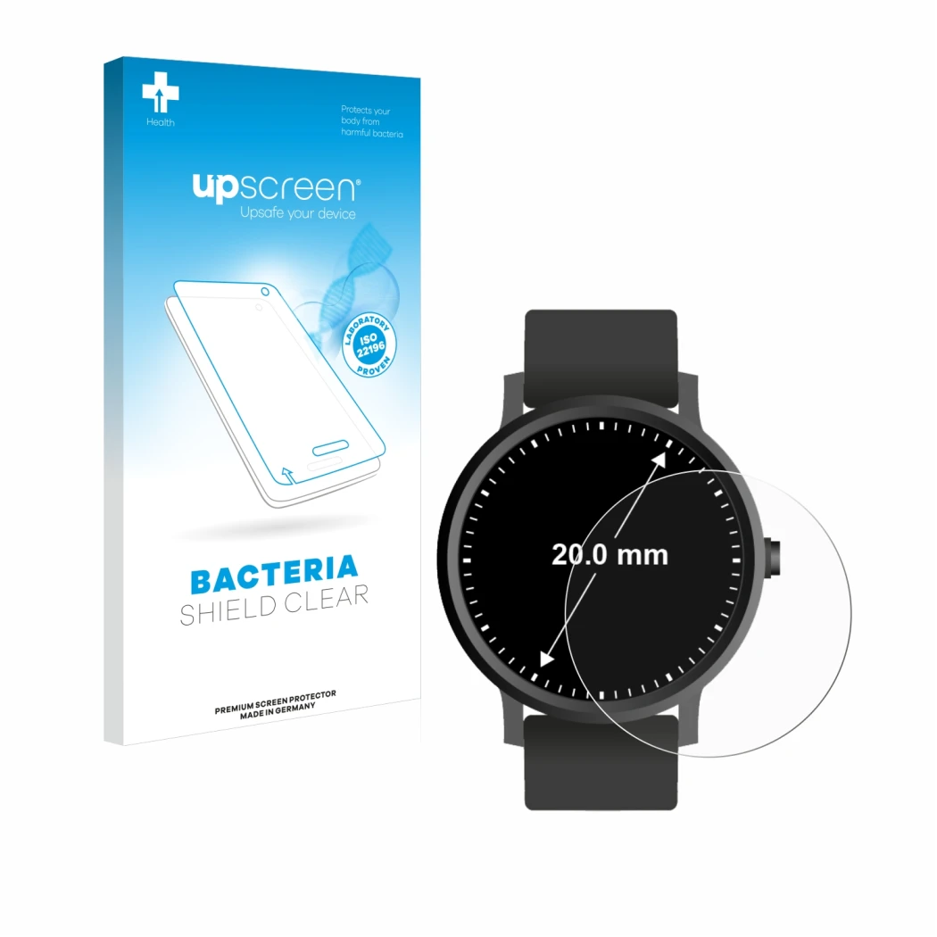 Parte frontal de un envase de producto con el logotipo de la marca upscreen. Al lado se muestra el dispositivo Circular Displa