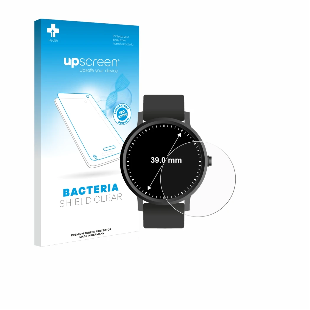 Parte frontal de un envase de producto con el logotipo de la marca upscreen. Al lado se muestra el dispositivo Circular Displa