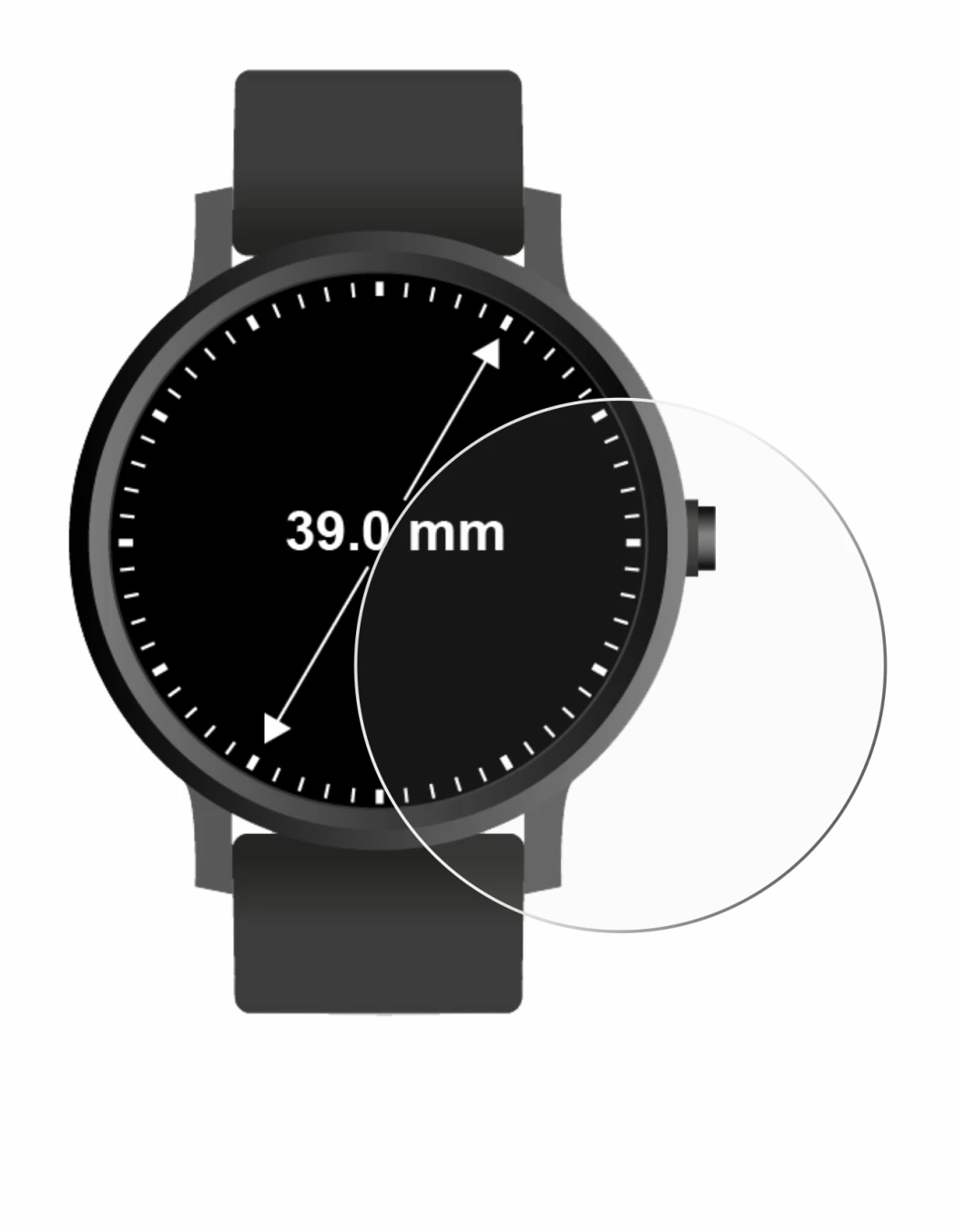 Imagen del dispositivo Circular Displays (ø: 39 mm) con una amplia variedad de protectores de pantalla.