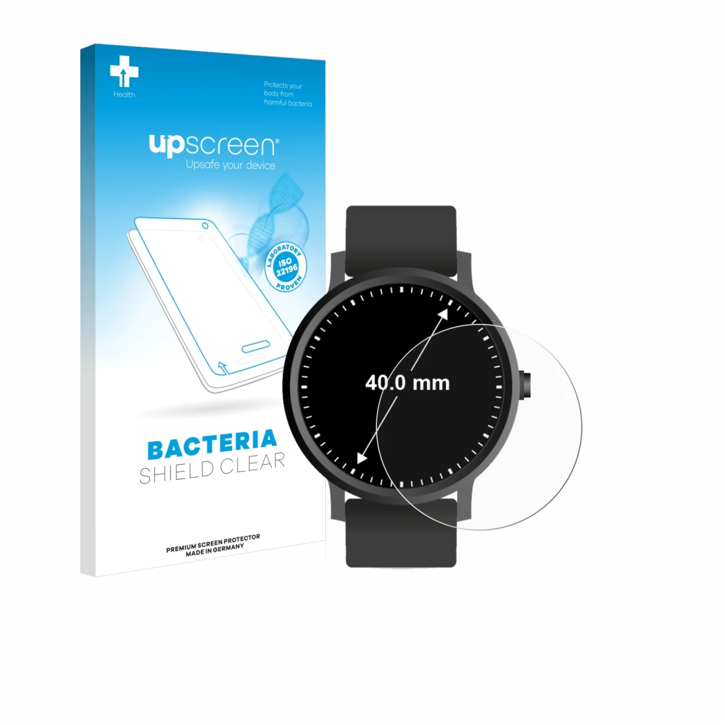 Parte frontal de un envase de producto con el logotipo de la marca upscreen. Al lado se muestra el dispositivo Circular Displa