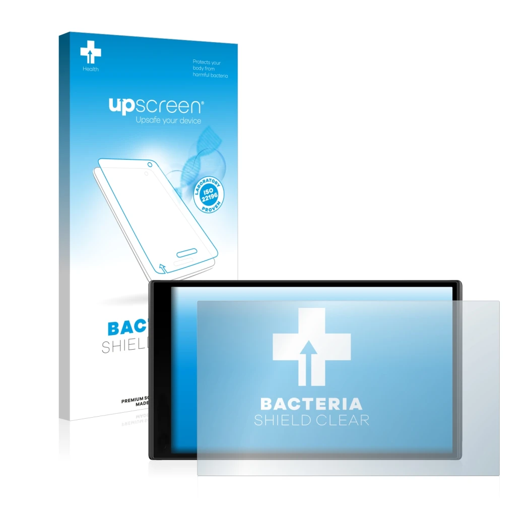 Parte frontal de un envase de producto con el logotipo de la marca upscreen. Al lado se muestra el dispositivo Garmin DriveSma