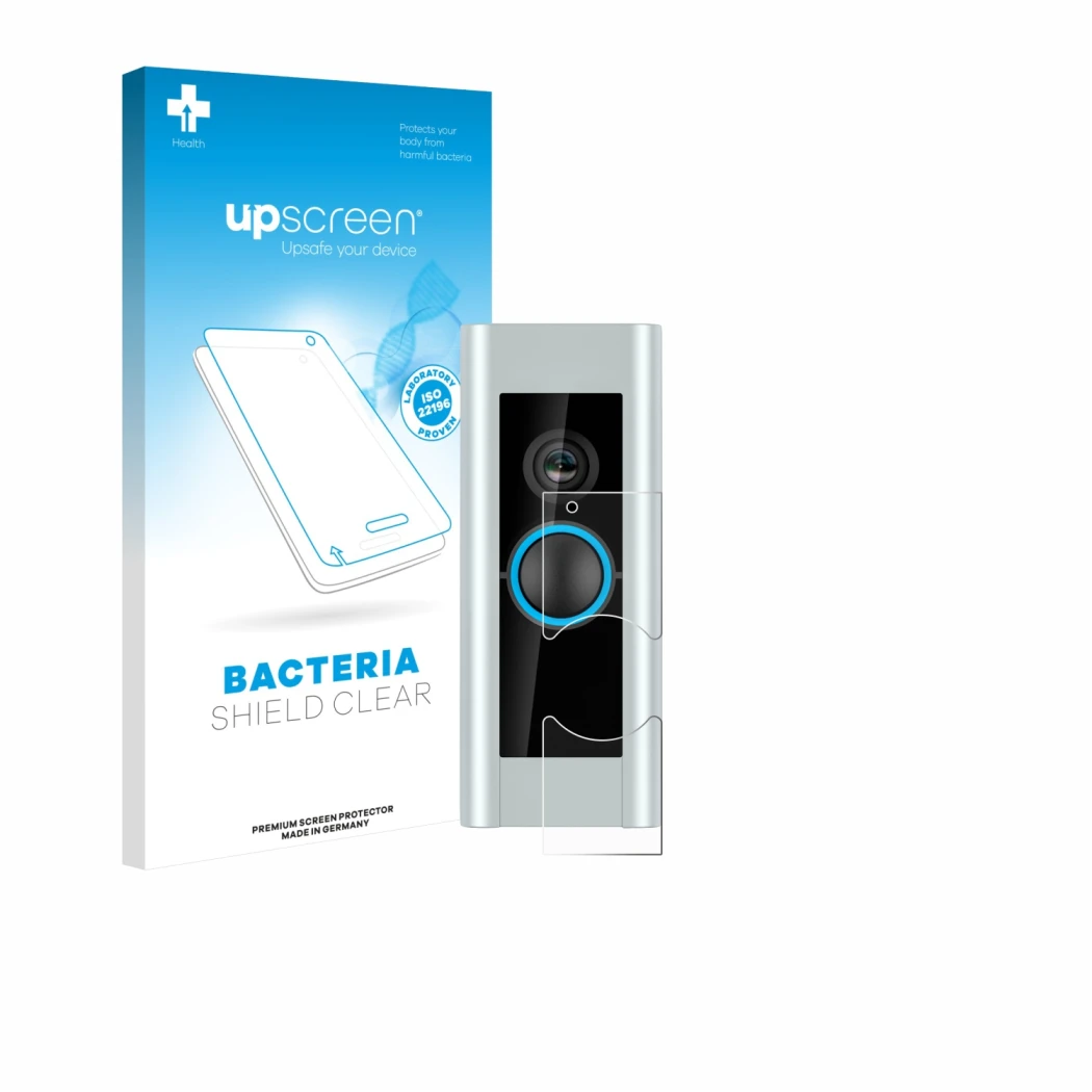 Parte frontal de un envase de producto con el logotipo de la marca upscreen. Al lado se muestra el dispositivo Ring Video Door