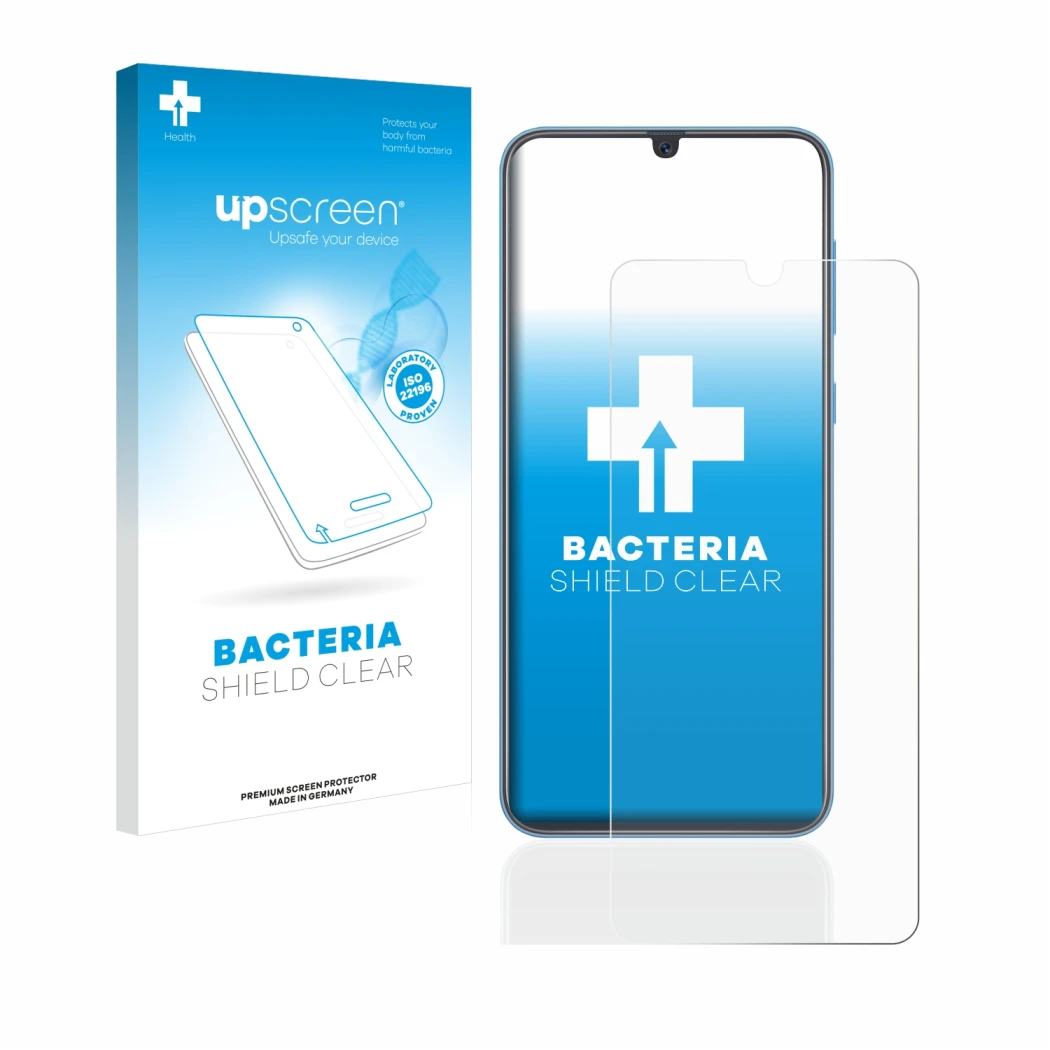 Parte frontal de un envase de producto con el logotipo de la marca upscreen. Al lado se muestra el dispositivo Samsung Galaxy