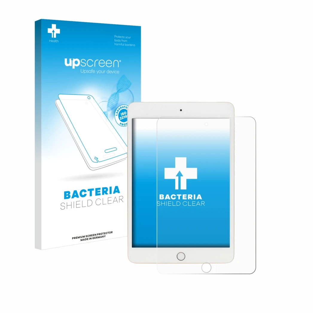 Parte frontal de un envase de producto con el logotipo de la marca upscreen. Al lado se muestra el dispositivo Apple iPad Mini