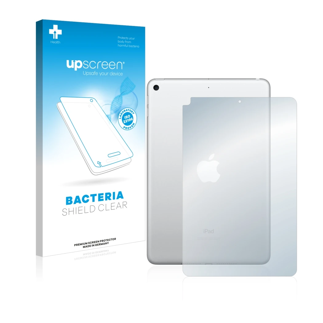 Parte frontal de un envase de producto con el logotipo de la marca upscreen. Al lado se muestra el dispositivo Apple iPad Mini