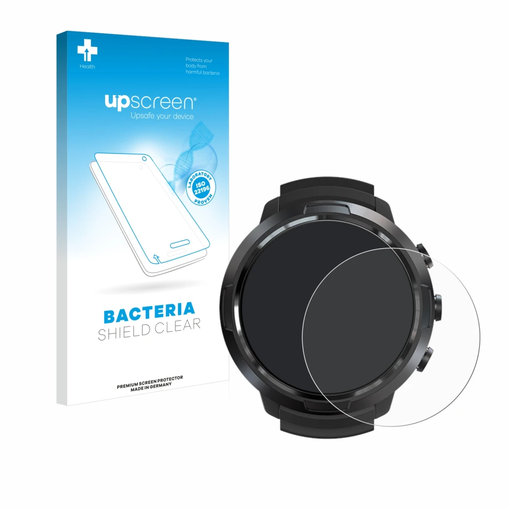 Parte frontal de un envase de producto con el logotipo de la marca upscreen. Al lado se muestra el dispositivo Suunto D5 con s