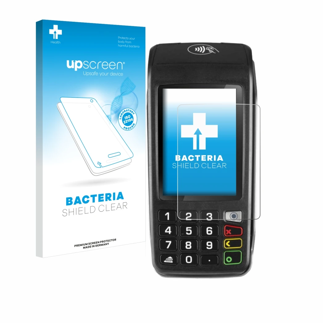 Parte frontal de un envase de producto con el logotipo de la marca upscreen. Al lado se muestra el dispositivo ingenico Move/5