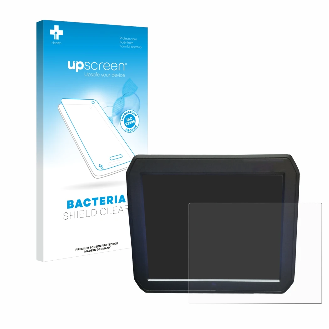 Parte frontal de un envase de producto con el logotipo de la marca upscreen. Al lado se muestra el dispositivo Keyence IM-7020