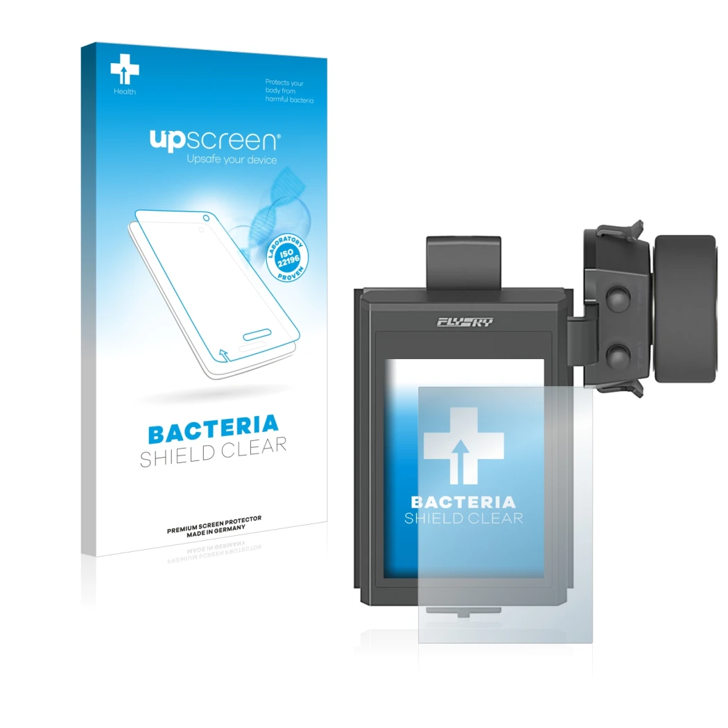 Parte frontal de un envase de producto con el logotipo de la marca upscreen. Al lado se muestra el dispositivo FlySky FS-NB4 c