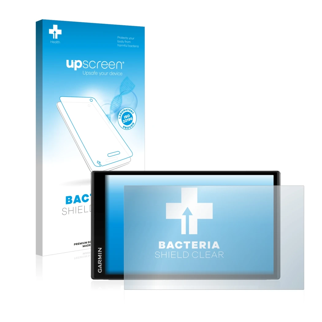Parte frontal de un envase de producto con el logotipo de la marca upscreen. Al lado se muestra el dispositivo Garmin Camper 7