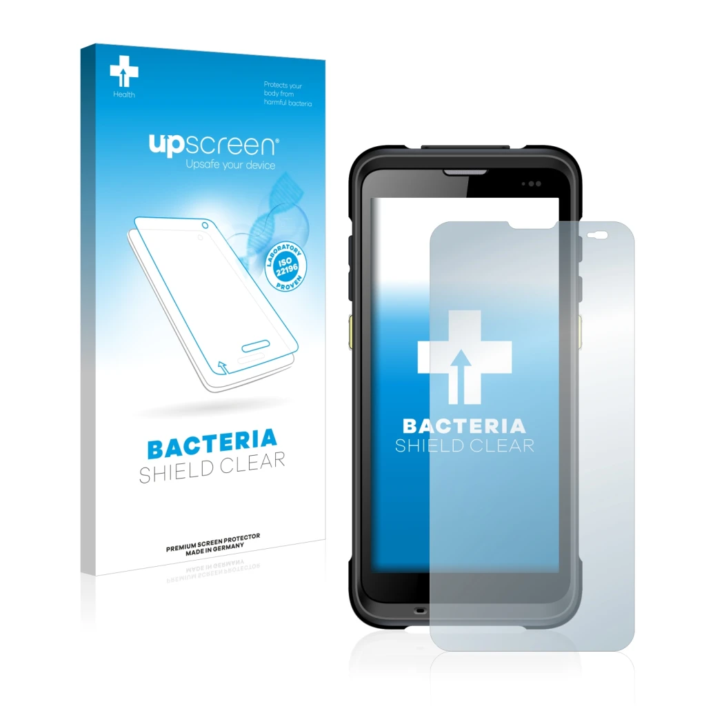 Parte frontal de un envase de producto con el logotipo de la marca upscreen. Al lado se muestra el dispositivo Chainway C66 co