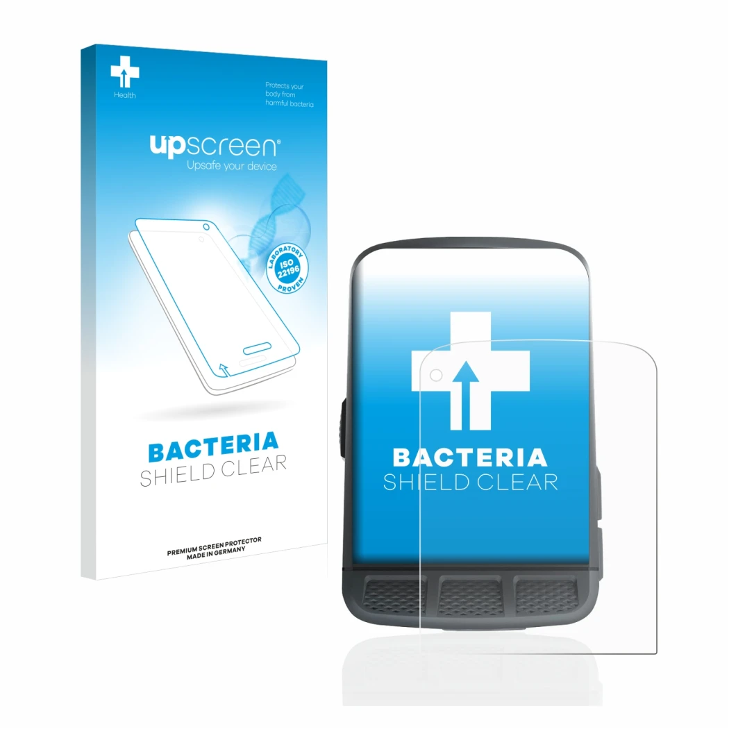 Parte frontal de un envase de producto con el logotipo de la marca upscreen. Al lado se muestra el dispositivo Wahoo Elemnt Ro