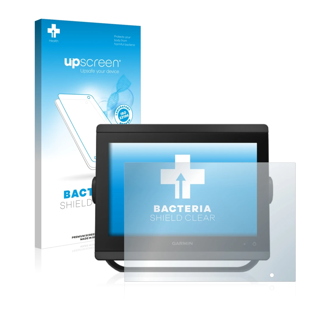 Parte frontal de un envase de producto con el logotipo de la marca upscreen. Al lado se muestra el dispositivo Garmin GPSMAP 8