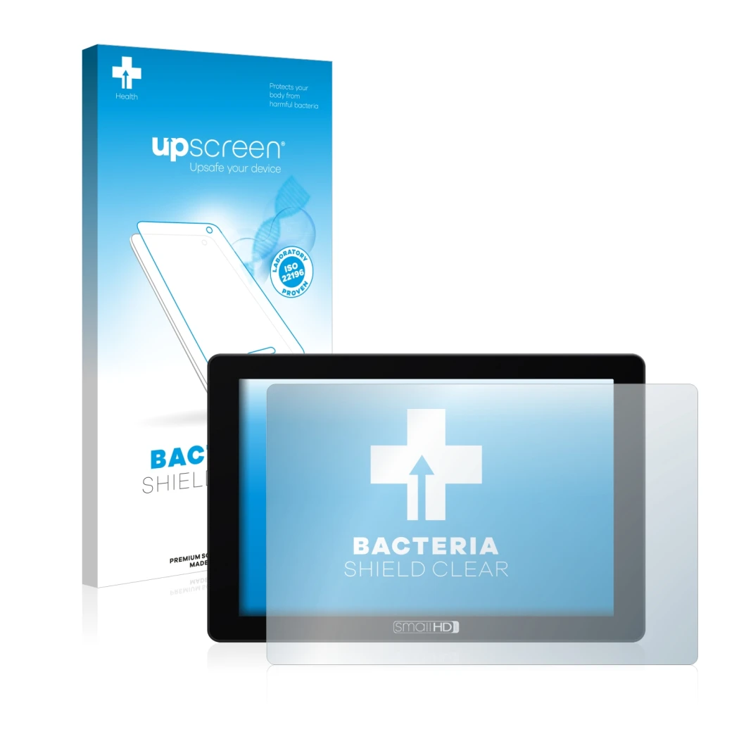 Parte frontal de un envase de producto con el logotipo de la marca upscreen. Al lado se muestra el dispositivo SmallHD 702 Tou