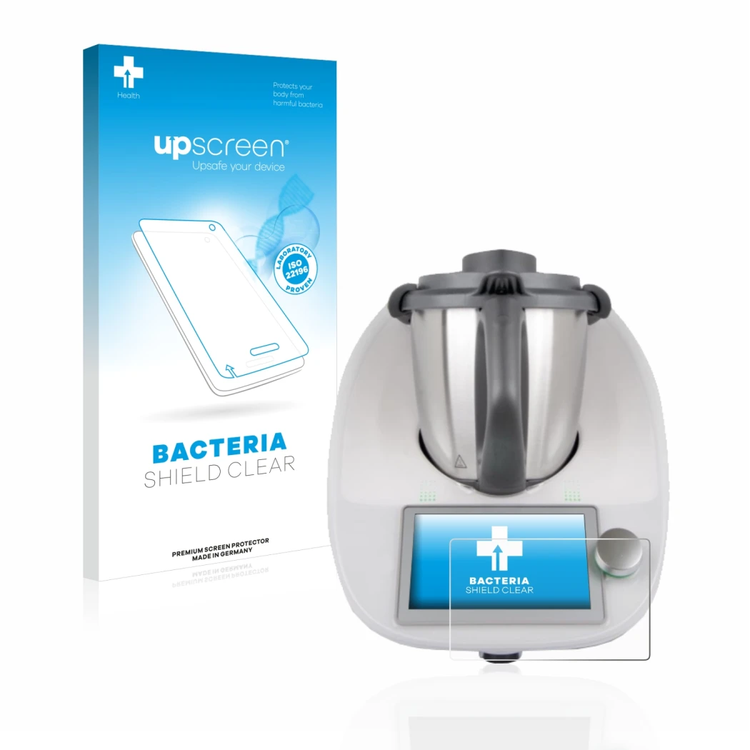 Parte frontal de un envase de producto con el logotipo de la marca upscreen. Al lado se muestra el dispositivo Vorwerk Bimby T