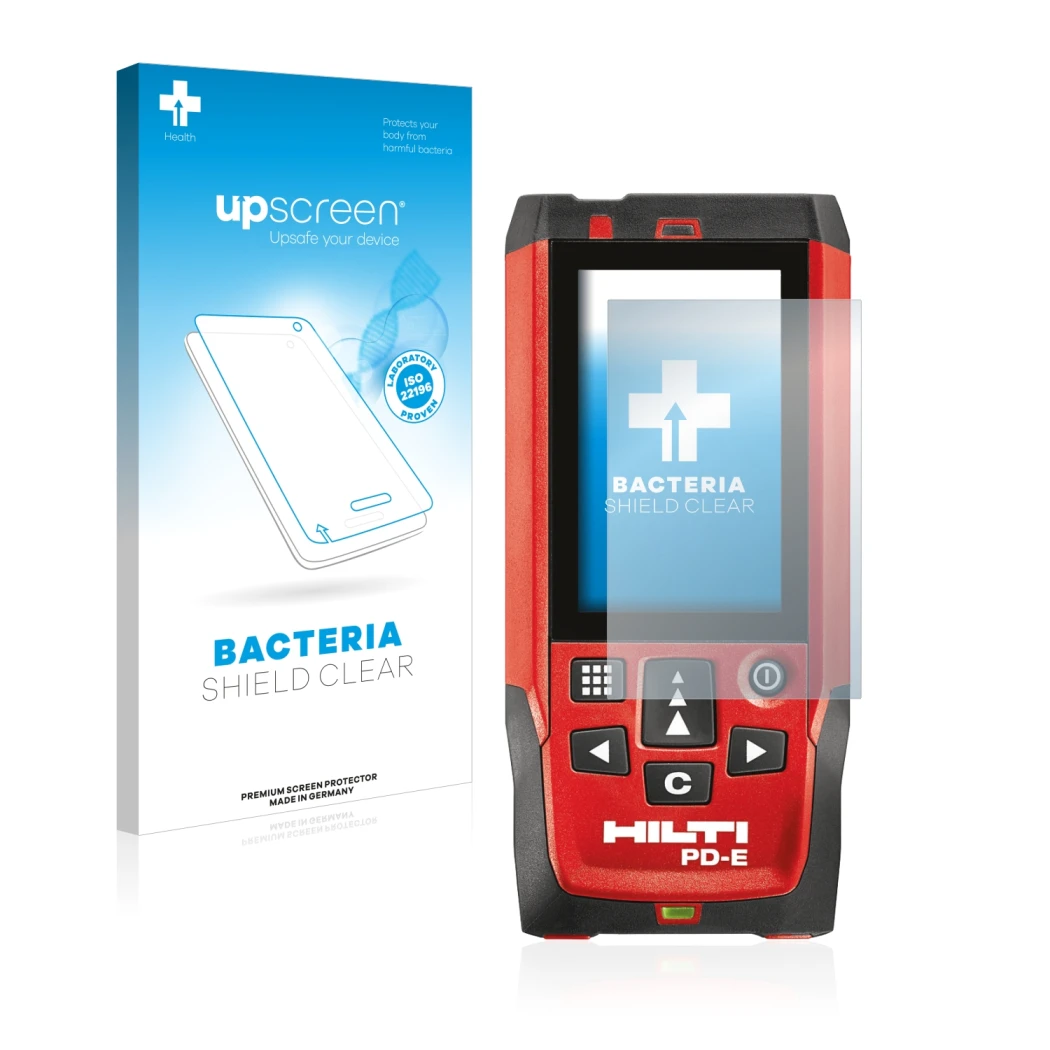 Parte frontal de un envase de producto con el logotipo de la marca upscreen. Al lado se muestra el dispositivo Hilti PD-E con 