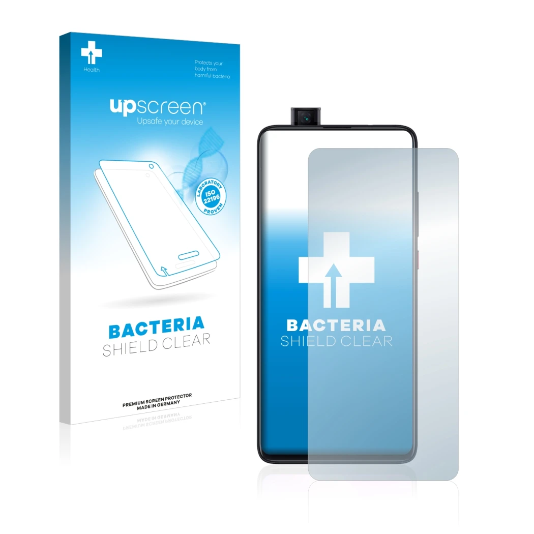 Parte frontal de un envase de producto con el logotipo de la marca upscreen. Al lado se muestra el dispositivo Xiaomi Mi 9T co