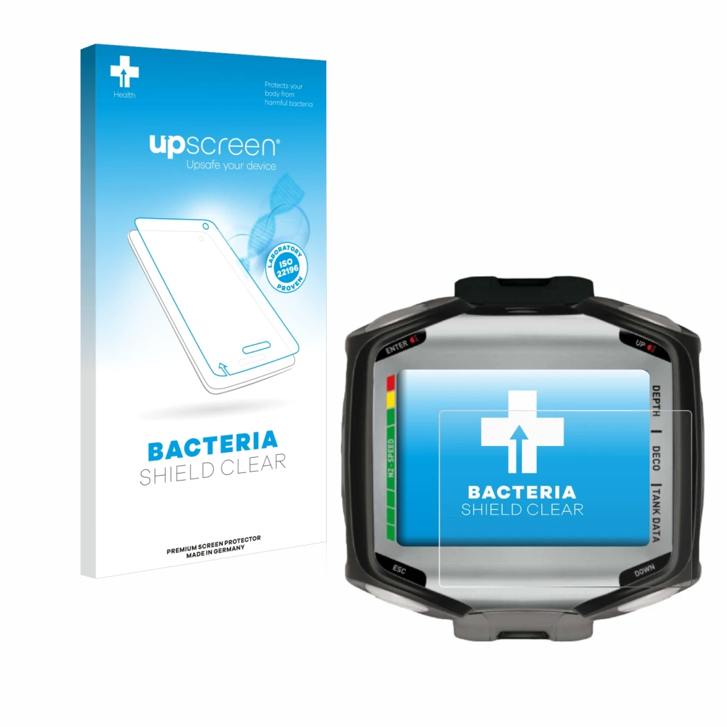 Parte frontal de un envase de producto con el logotipo de la marca upscreen. Al lado se muestra el dispositivo Mares Quad con 