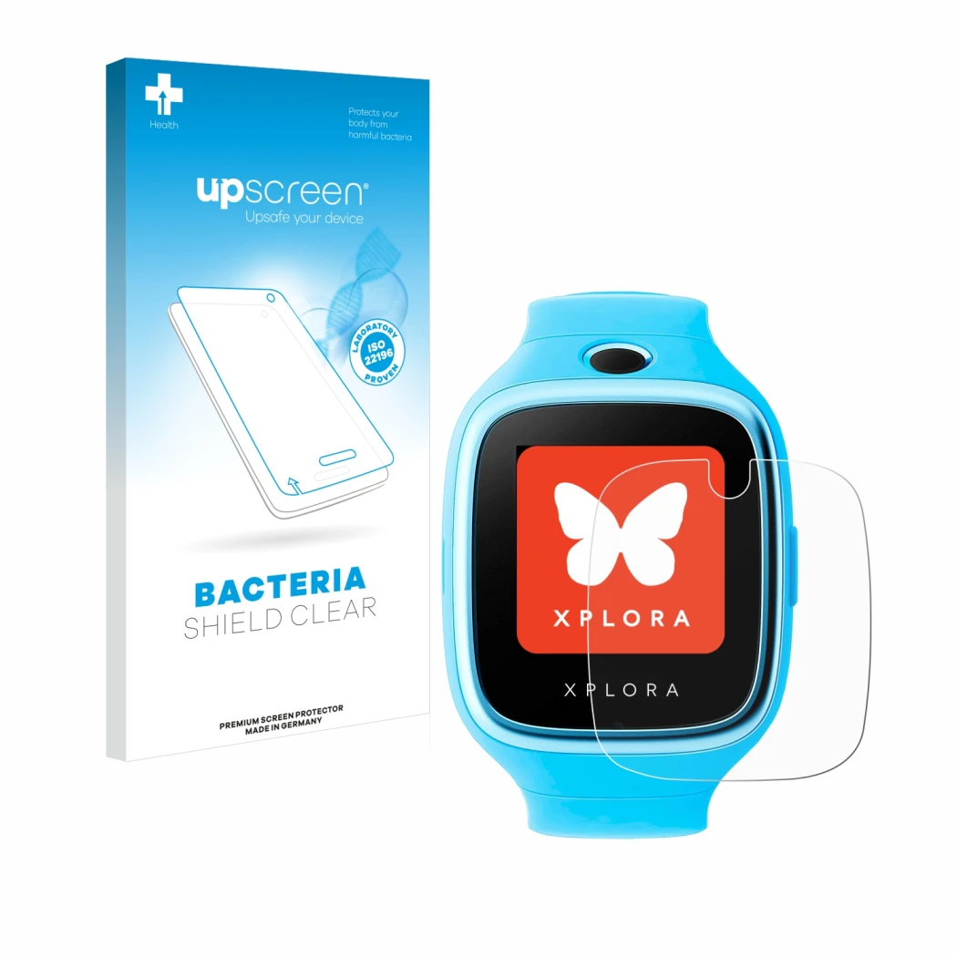 Parte frontal de un envase de producto con el logotipo de la marca upscreen. Al lado se muestra el dispositivo Xplora Go con s