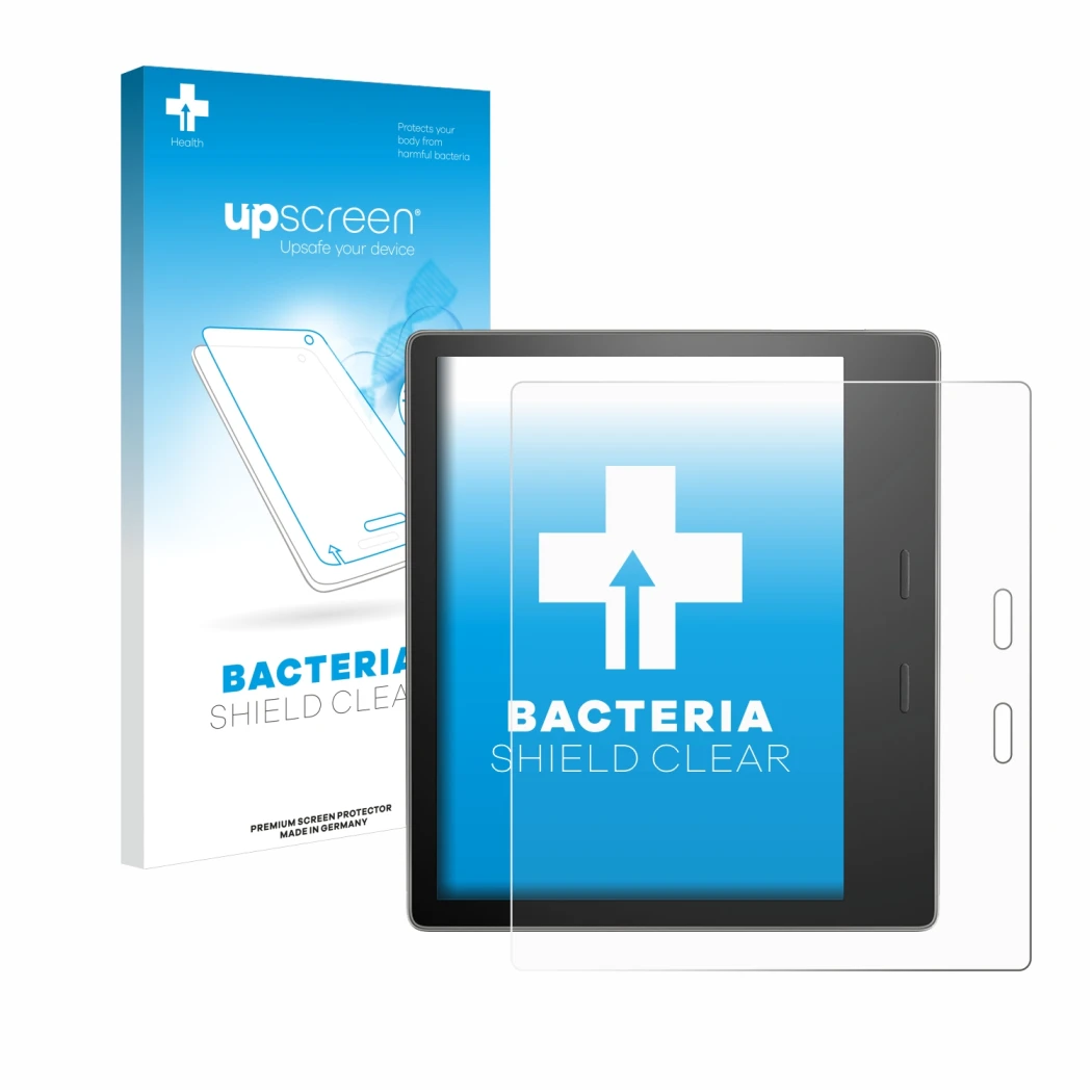 Parte frontal de un envase de producto con el logotipo de la marca upscreen. Al lado se muestra el dispositivo Amazon Kindle O