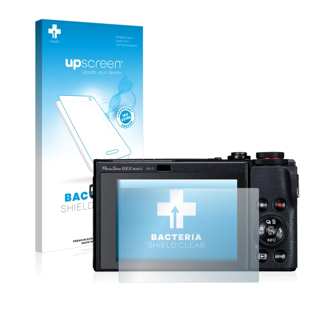 Parte frontal de un envase de producto con el logotipo de la marca upscreen. Al lado se muestra el dispositivo Canon PowerShot
