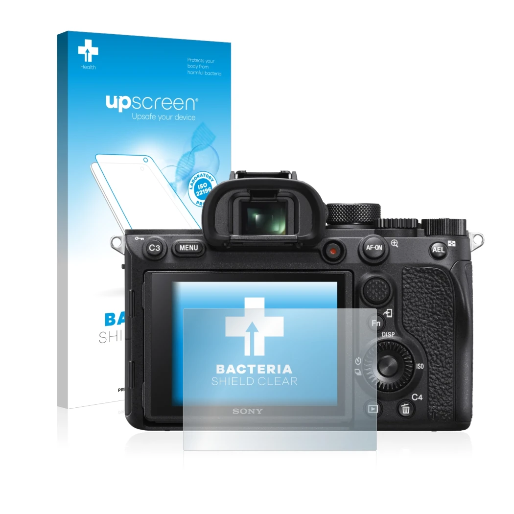Parte frontal de un envase de producto con el logotipo de la marca upscreen. Al lado se muestra el dispositivo Sony Alpha 7R I