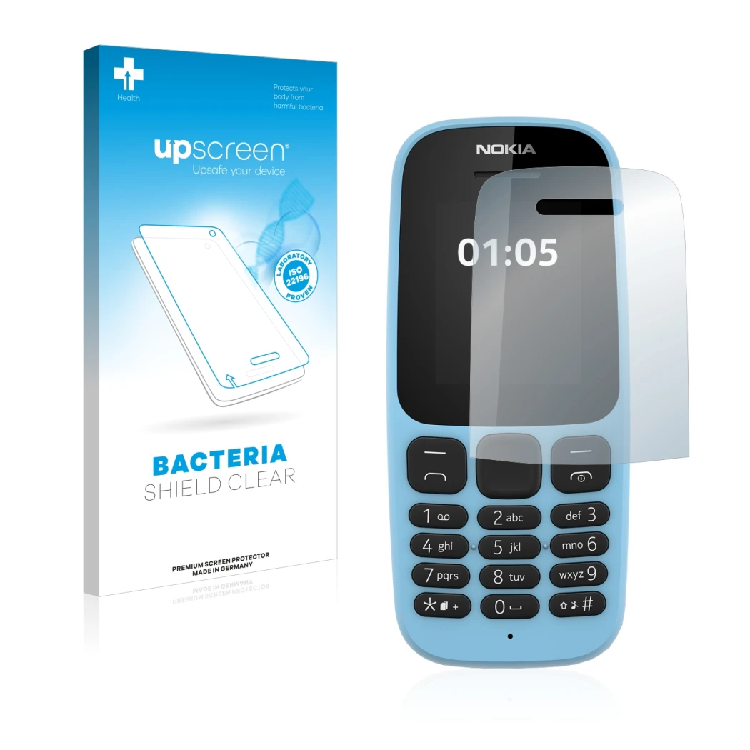 Parte frontal de un envase de producto con el logotipo de la marca upscreen. Al lado se muestra el dispositivo Nokia 105 2019