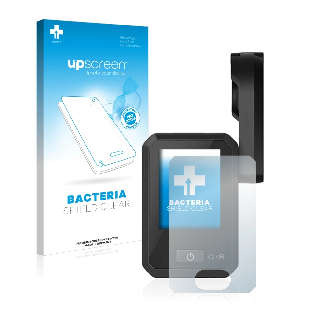 Parte frontal de un envase de producto con el logotipo de la marca upscreen. Al lado se muestra el dispositivo Flyer Display D