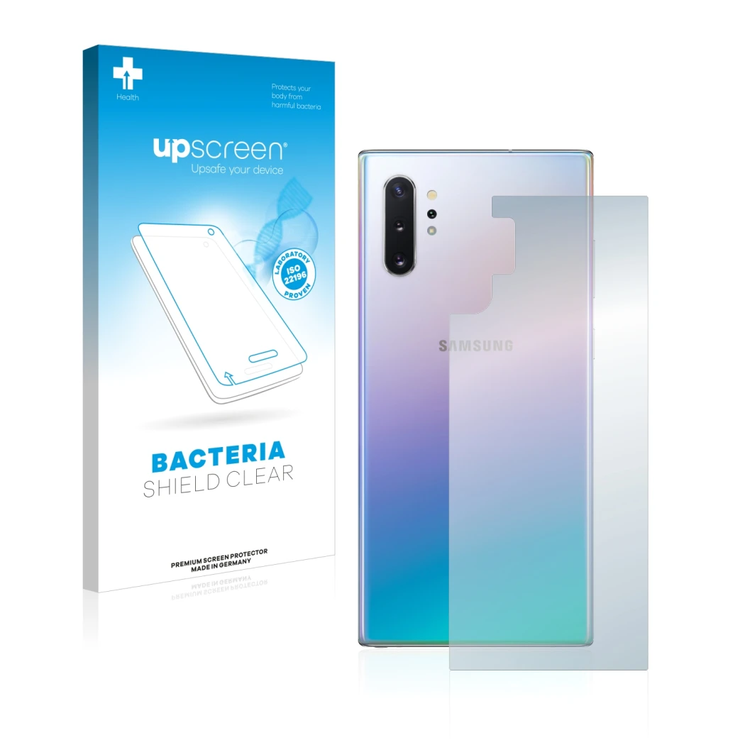 Parte frontal de un envase de producto con el logotipo de la marca upscreen. Al lado se muestra el dispositivo Samsung Galaxy