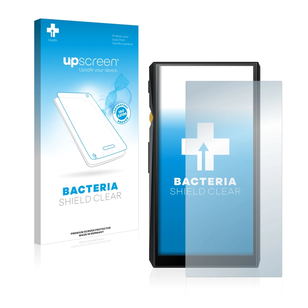 Parte frontal de un envase de producto con el logotipo de la marca upscreen. Al lado se muestra el dispositivo FiiO M11 con su