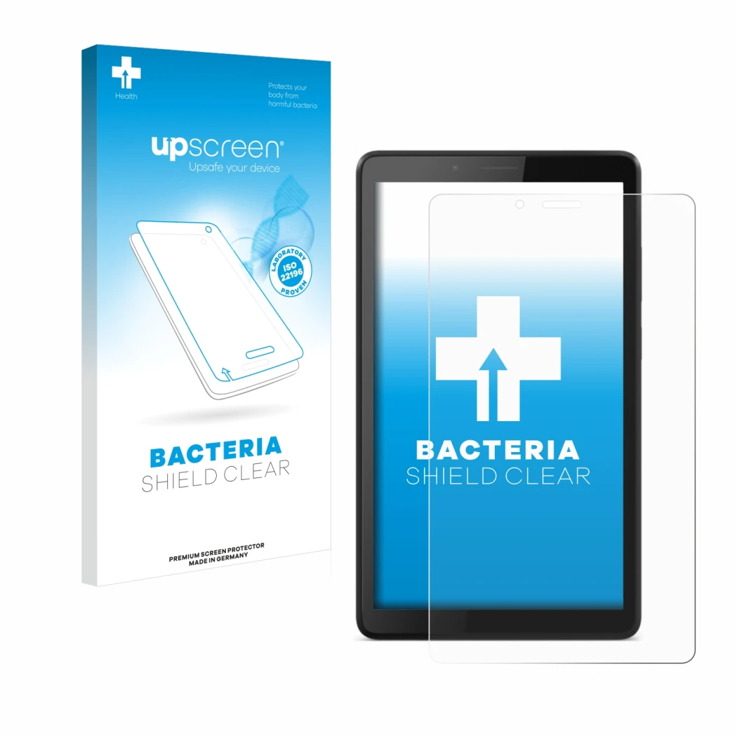 Parte frontal de un envase de producto con el logotipo de la marca upscreen. Al lado se muestra el dispositivo Lenovo Tab M7 c