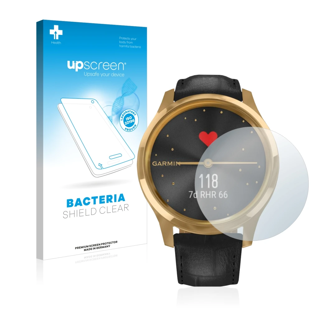 Parte frontal de un envase de producto con el logotipo de la marca upscreen. Al lado se muestra el dispositivo Garmin vivomove