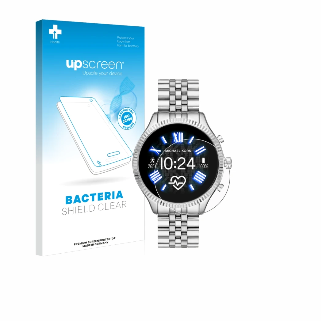 Parte frontal de un envase de producto con el logotipo de la marca upscreen. Al lado se muestra el dispositivo Michael Kors Ac