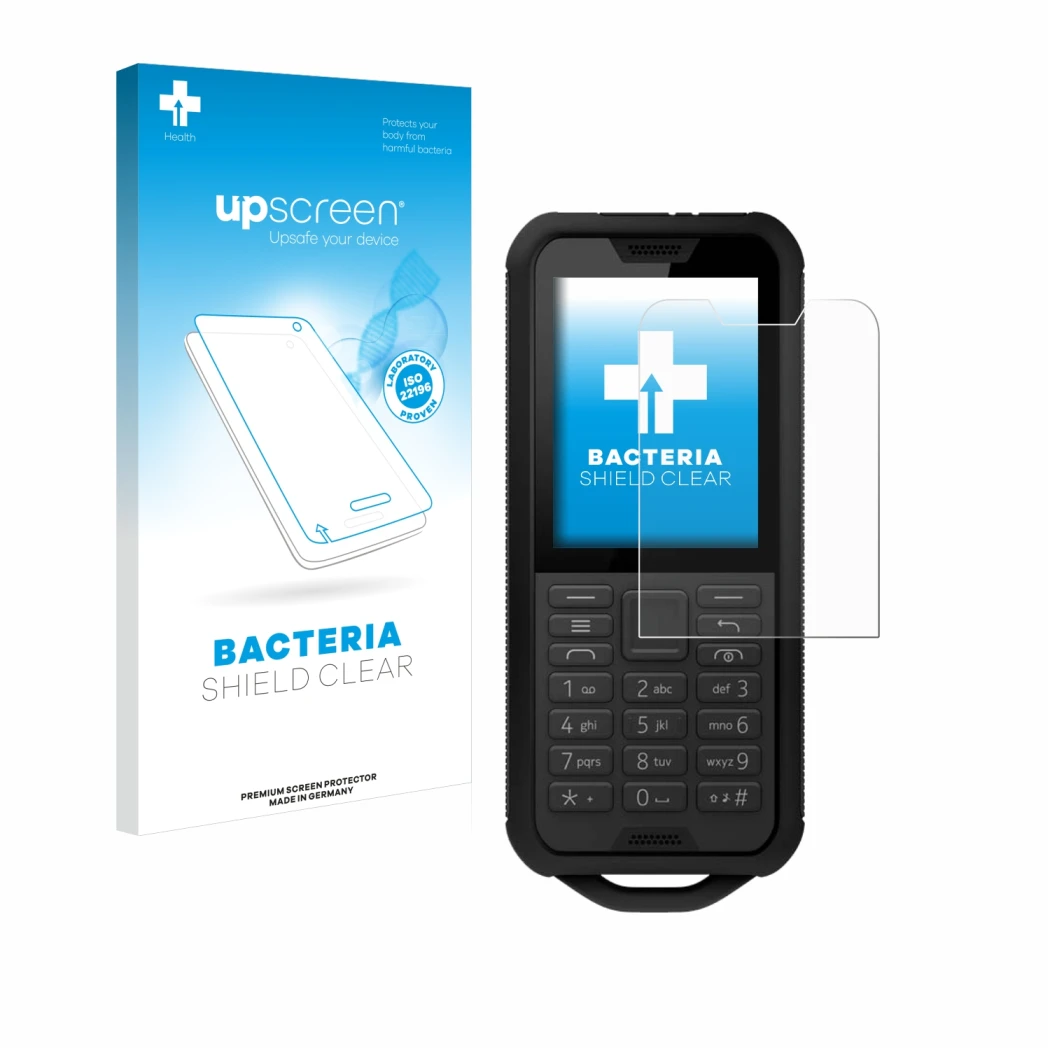 Parte frontal de un envase de producto con el logotipo de la marca upscreen. Al lado se muestra el dispositivo Nokia 800 Tough