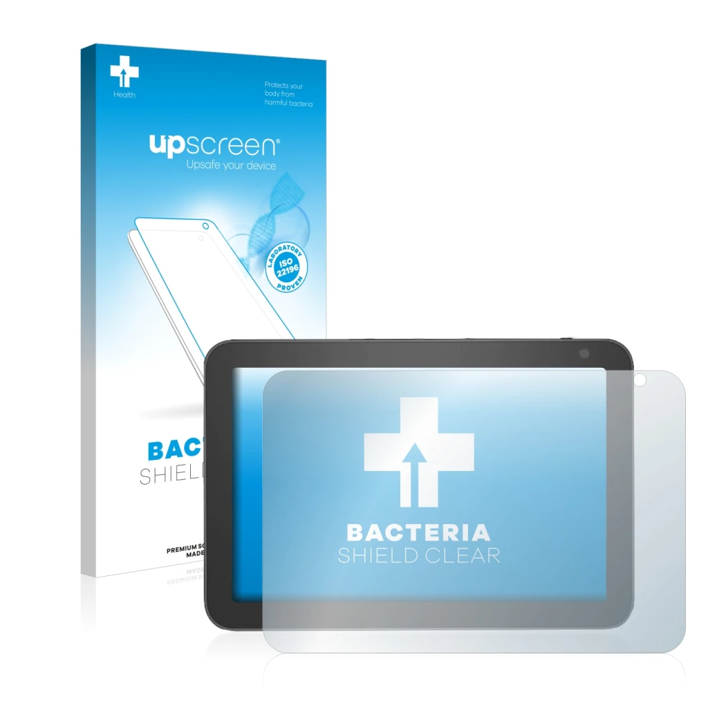 Parte frontal de un envase de producto con el logotipo de la marca upscreen. Al lado se muestra el dispositivo Amazon Echo Sho