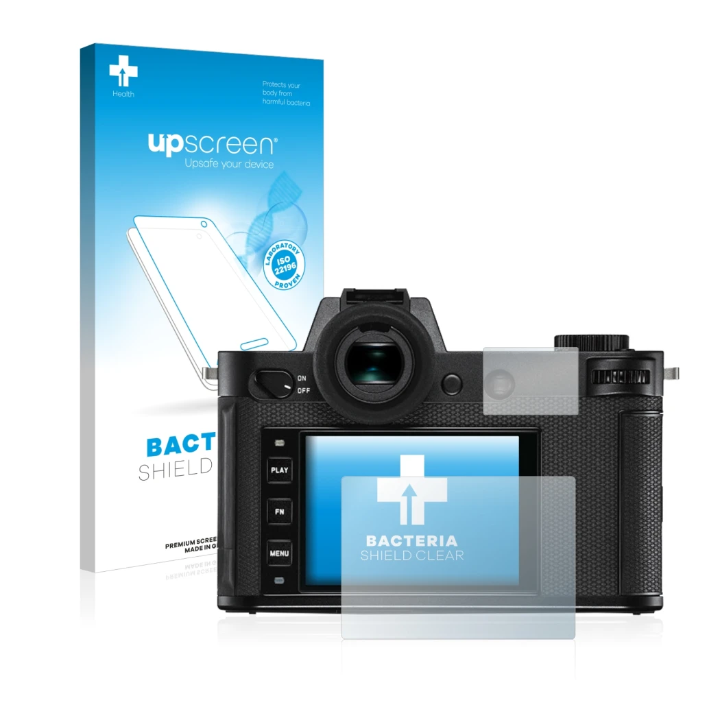 Parte frontal de un envase de producto con el logotipo de la marca upscreen. Al lado se muestra el dispositivo Leica SL2 con s