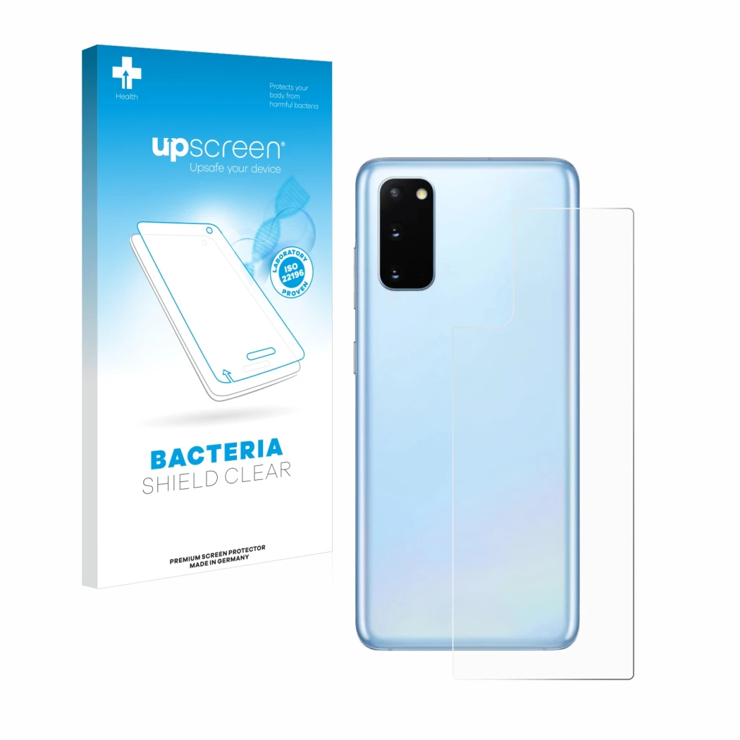 Parte frontal de un envase de producto con el logotipo de la marca upscreen. Al lado se muestra el dispositivo Samsung Galaxy 
