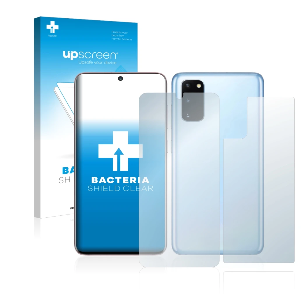 Parte frontal de un envase de producto con el logotipo de la marca upscreen. Al lado se muestra el dispositivo Samsung Galaxy