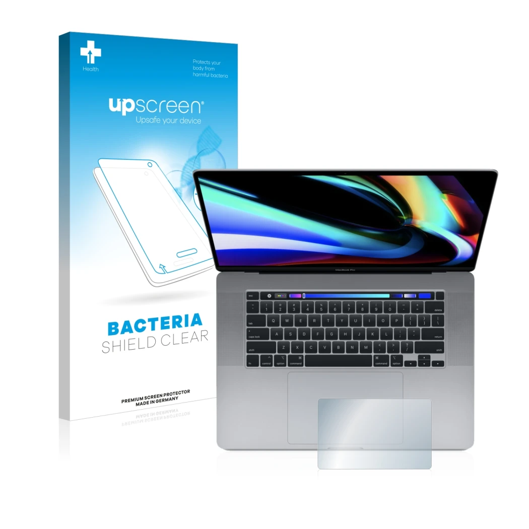 Parte frontal de un envase de producto con el logotipo de la marca upscreen. Al lado se muestra el dispositivo Apple MacBook P