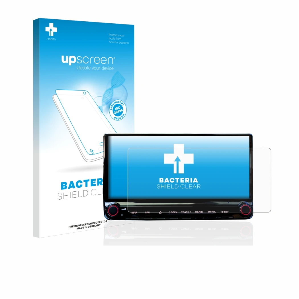 Parte frontal de un envase de producto con el logotipo de la marca upscreen. Al lado se muestra el dispositivo Kia XCeed 2019 