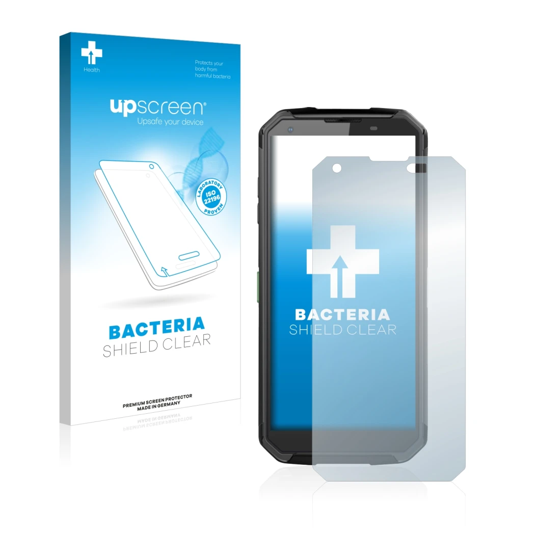 Parte frontal de un envase de producto con el logotipo de la marca upscreen. Al lado se muestra el dispositivo Blackview BV950