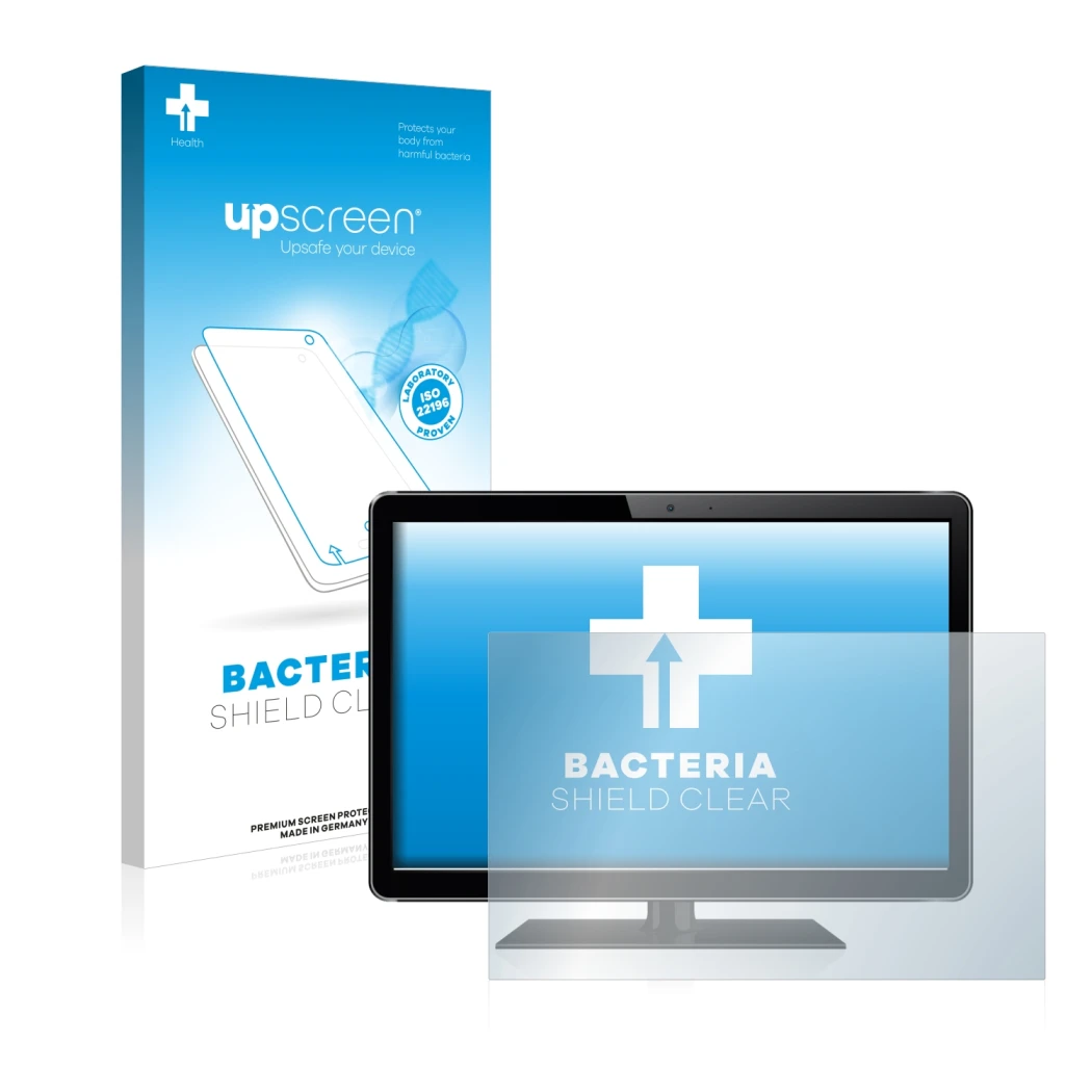 Parte frontal de un envase de producto con el logotipo de la marca upscreen. Al lado se muestra el dispositivo con su protecto