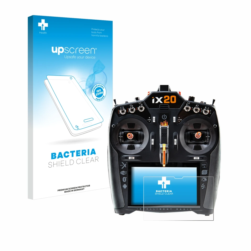 Parte frontal de un envase de producto con el logotipo de la marca upscreen. Al lado se muestra el dispositivo Spektrum iX20 c