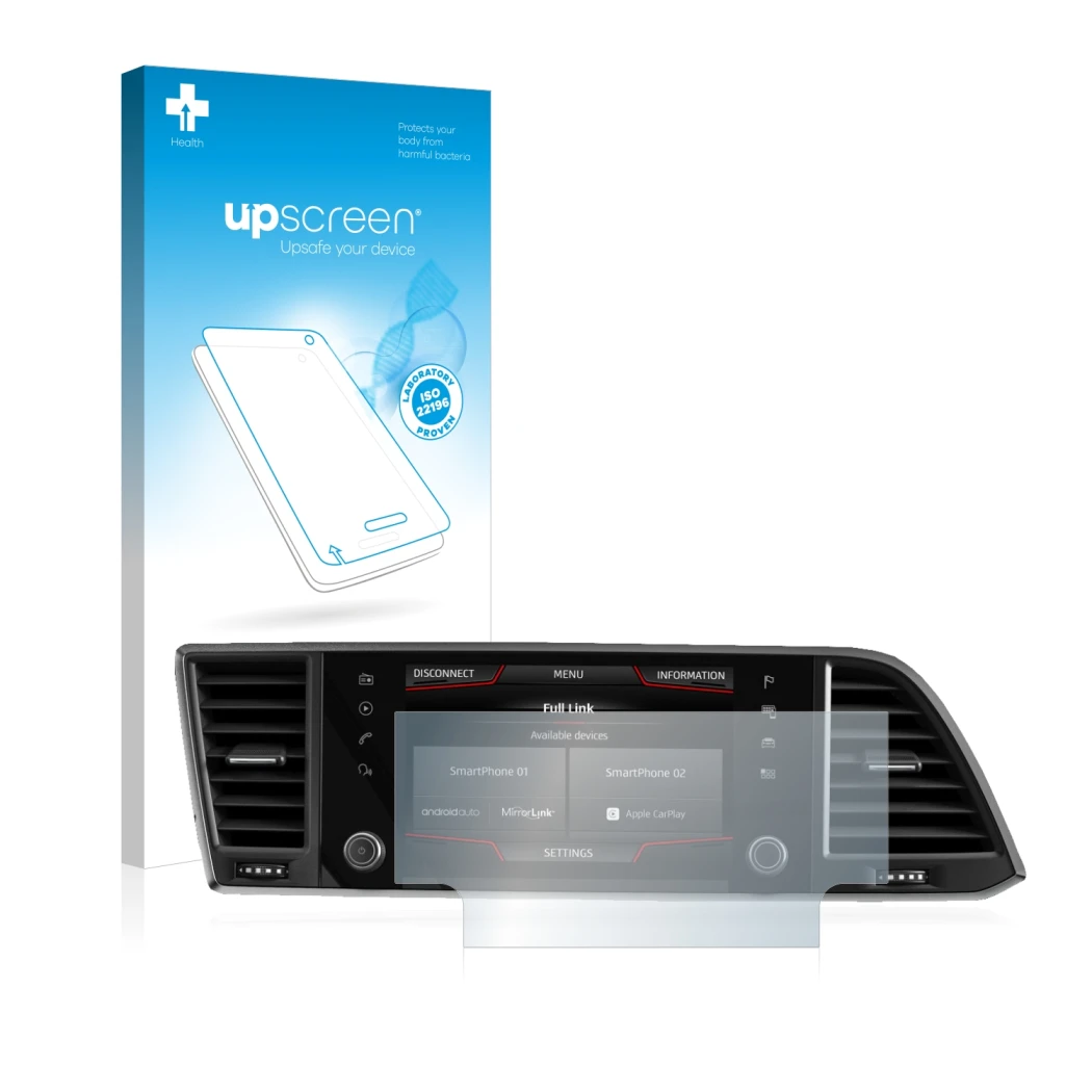 Parte frontal de un envase de producto con el logotipo de la marca upscreen. Al lado se muestra el dispositivo Seat Ateca 2020