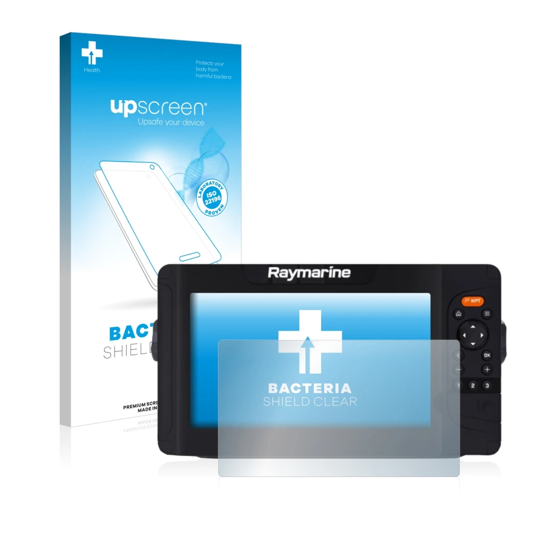 Parte frontal de un envase de producto con el logotipo de la marca upscreen. Al lado se muestra el dispositivo Raymarine Eleme