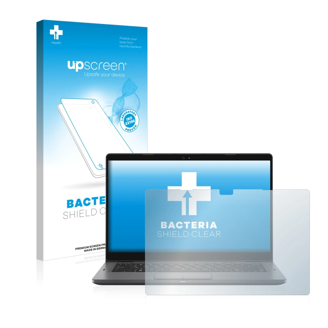 Parte frontal de un envase de producto con el logotipo de la marca upscreen. Al lado se muestra el dispositivo Dell Latitude 5