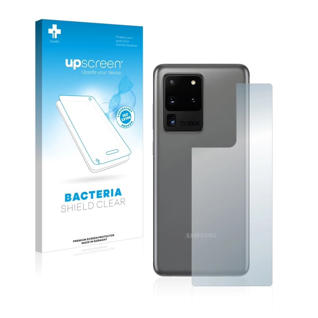 Parte frontal de un envase de producto con el logotipo de la marca upscreen. Al lado se muestra el dispositivo Samsung Galaxy 