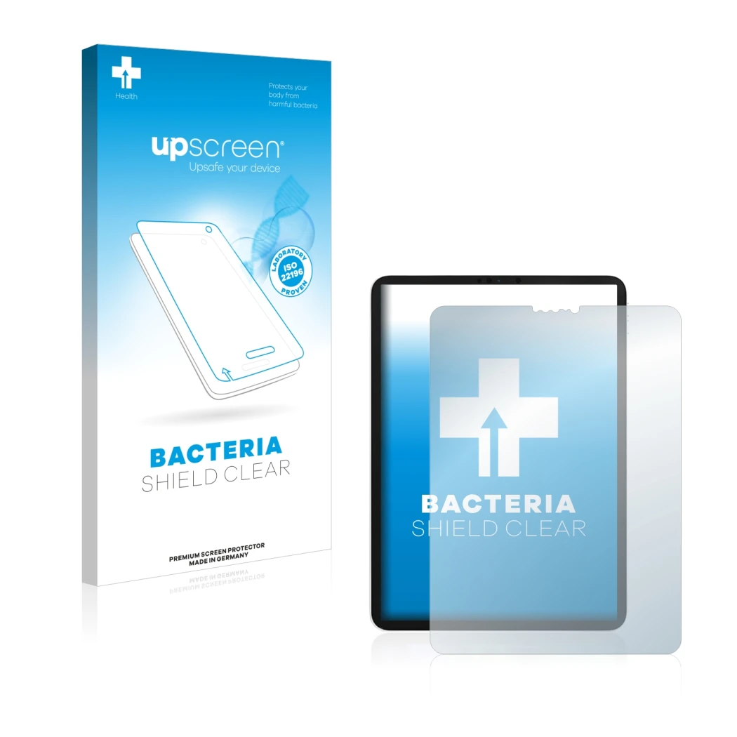 Parte frontal de un envase de producto con el logotipo de la marca upscreen. Al lado se muestra el dispositivo Apple iPad Pro 