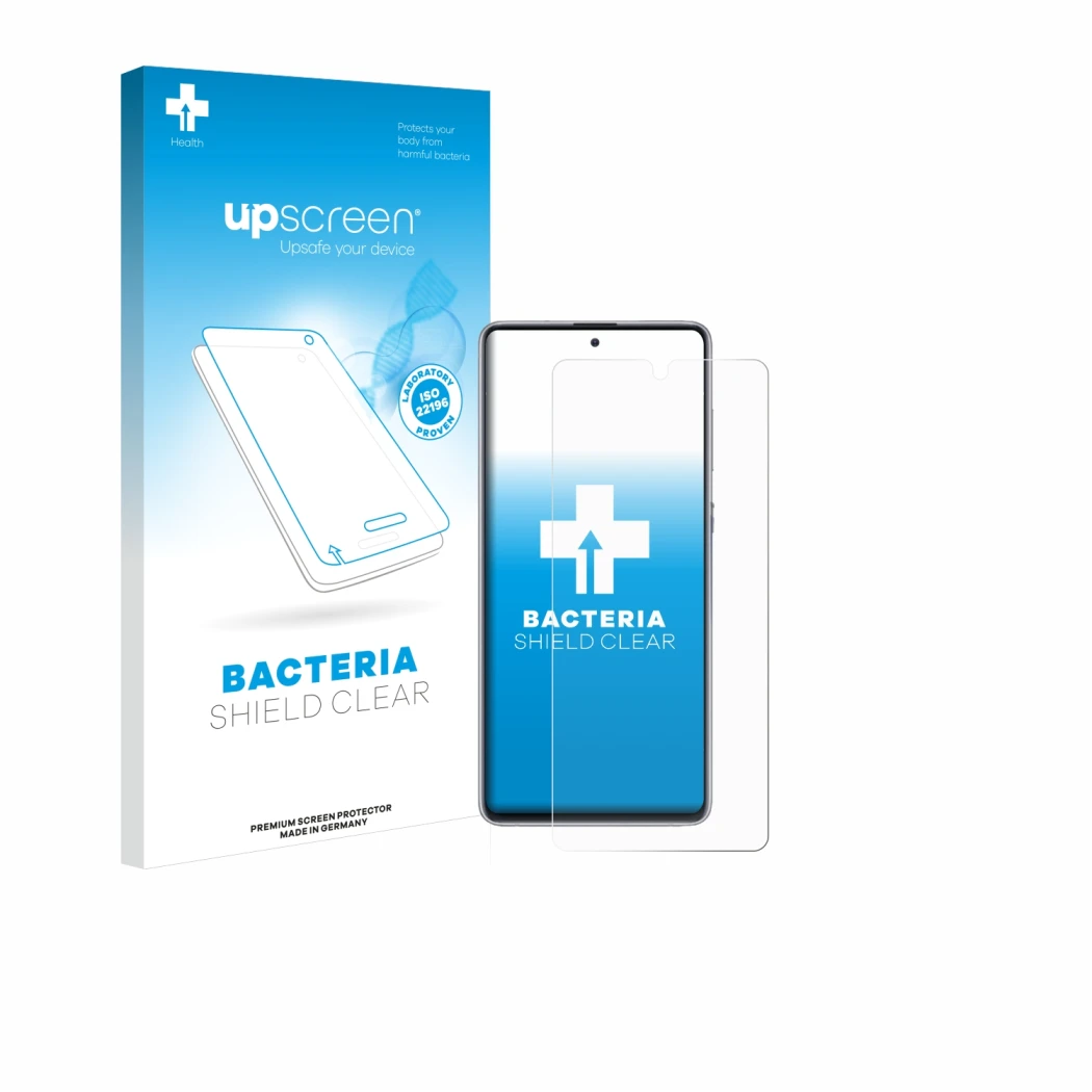 Parte frontal de un envase de producto con el logotipo de la marca upscreen. Al lado se muestra el dispositivo Samsung Galaxy
