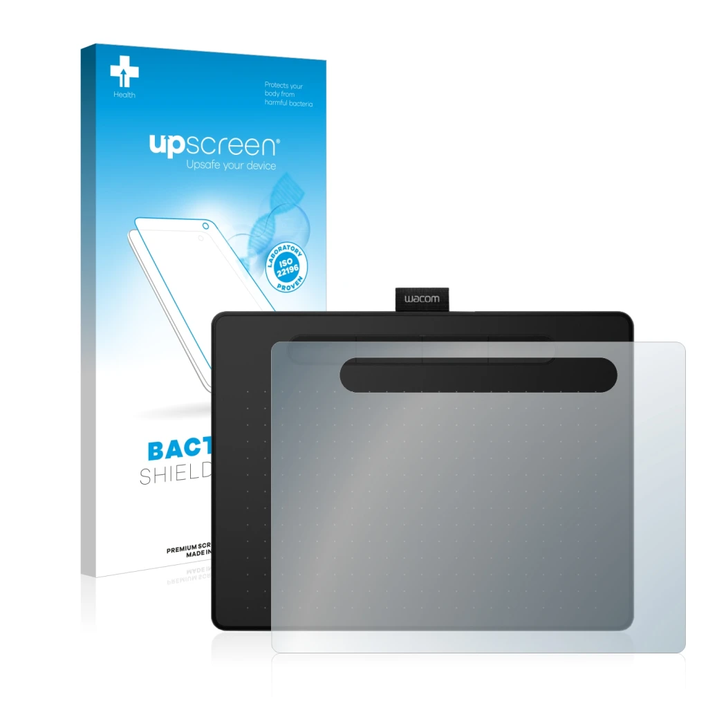 Parte frontal de un envase de producto con el logotipo de la marca upscreen. Al lado se muestra el dispositivo Wacom Intuos M